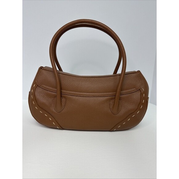 Escada Brown Pebble Leather Stitch Trim Front Flap Gold Hardware Satchel Handbag - Picture 2 of 12